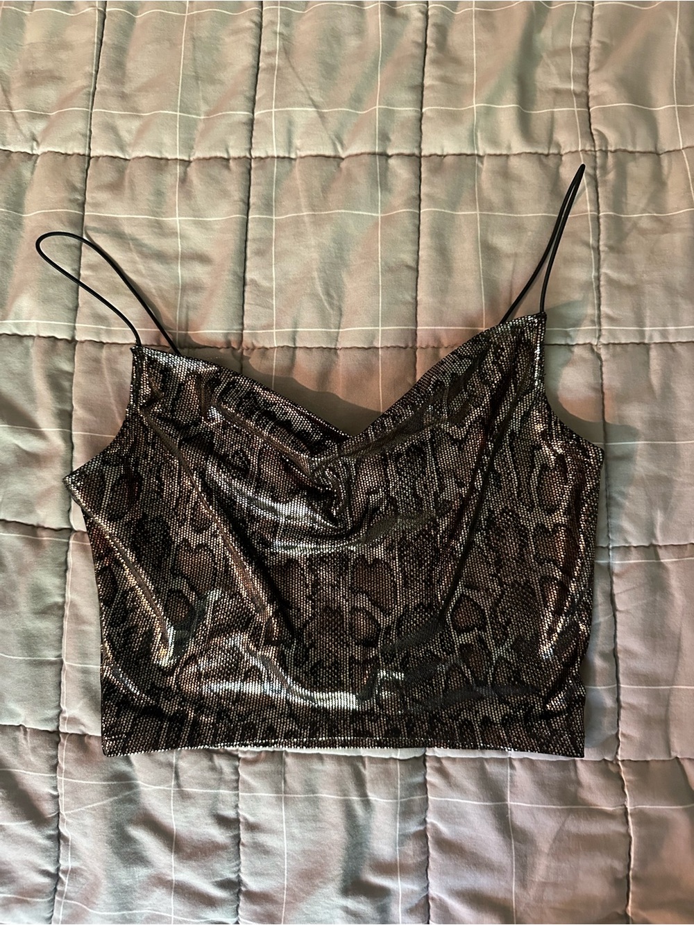 H&M Metallic Snake-Print Bandeau Crop Top in Charcoal and Brown
